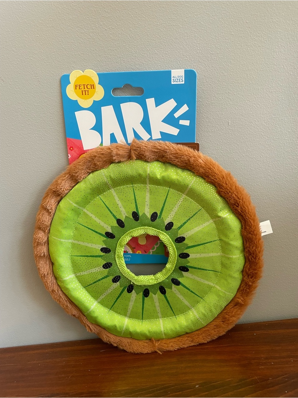 New BARK Green and Brown Kiwi Plush Ring Dog Toy